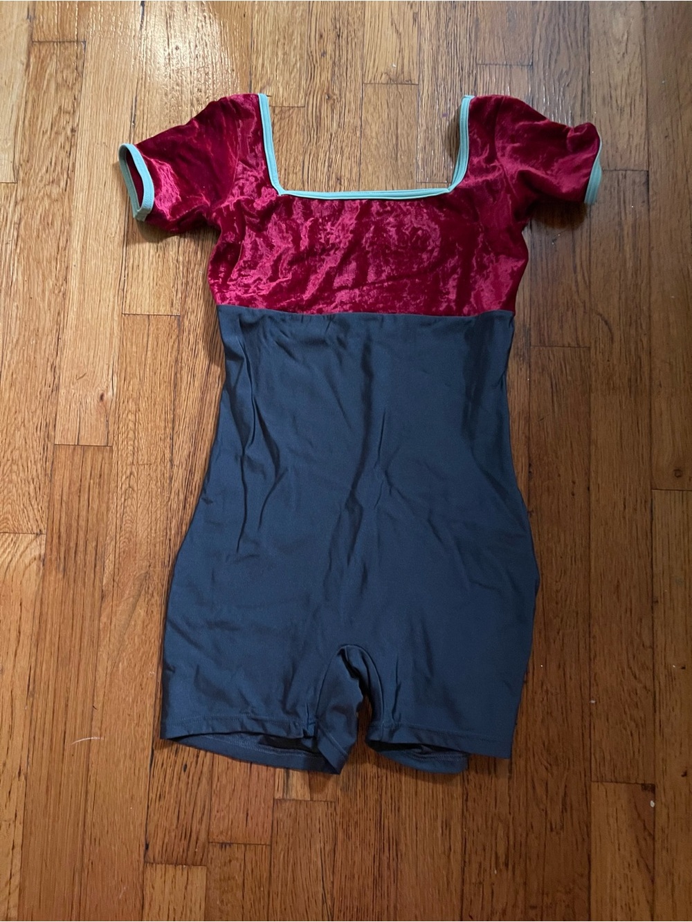 Yumiko custom Velvet Burgundy and Charcoal Short Romper with Mint Trim